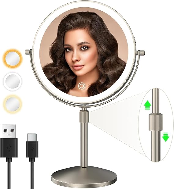 8" Lighted Makeup Mirror with Lights, 1X/10X, Brushed Nickel