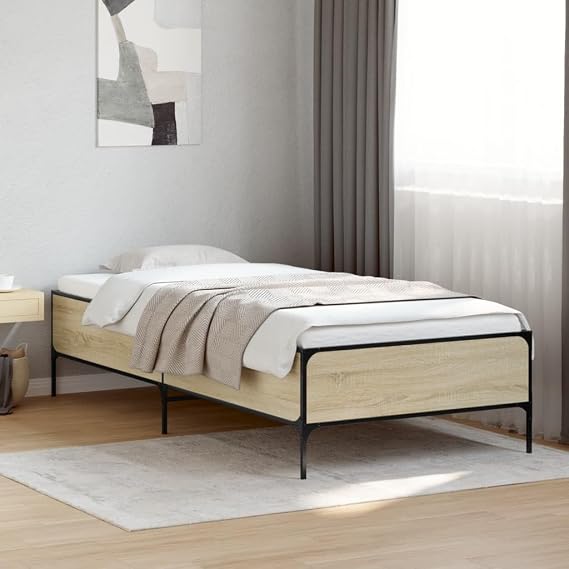 Small Single Bed Frame 75x190 cm Sonoma Oak Engineered Wood with Metal Legs & Plywood Slats Modern Stable Design for Kids Guestroom or Compact Loft Spaces