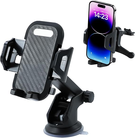 Car Phone Holder, Strong Suction Cup Dashboard Cellphone Holder for Car, Extendable&Foldable, 360 Adjustable Vehicle Phone Mount with Air Vent Hook, Universal Fit All Smartphones (2 in 1)