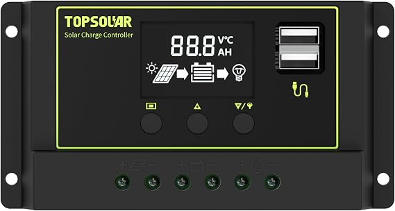 TOPSOLAR 20A 12V/24V PWM Solar Charger Controller w/ LCD Display for AGM, Gel, LiFePO4 and Flooded Battery.