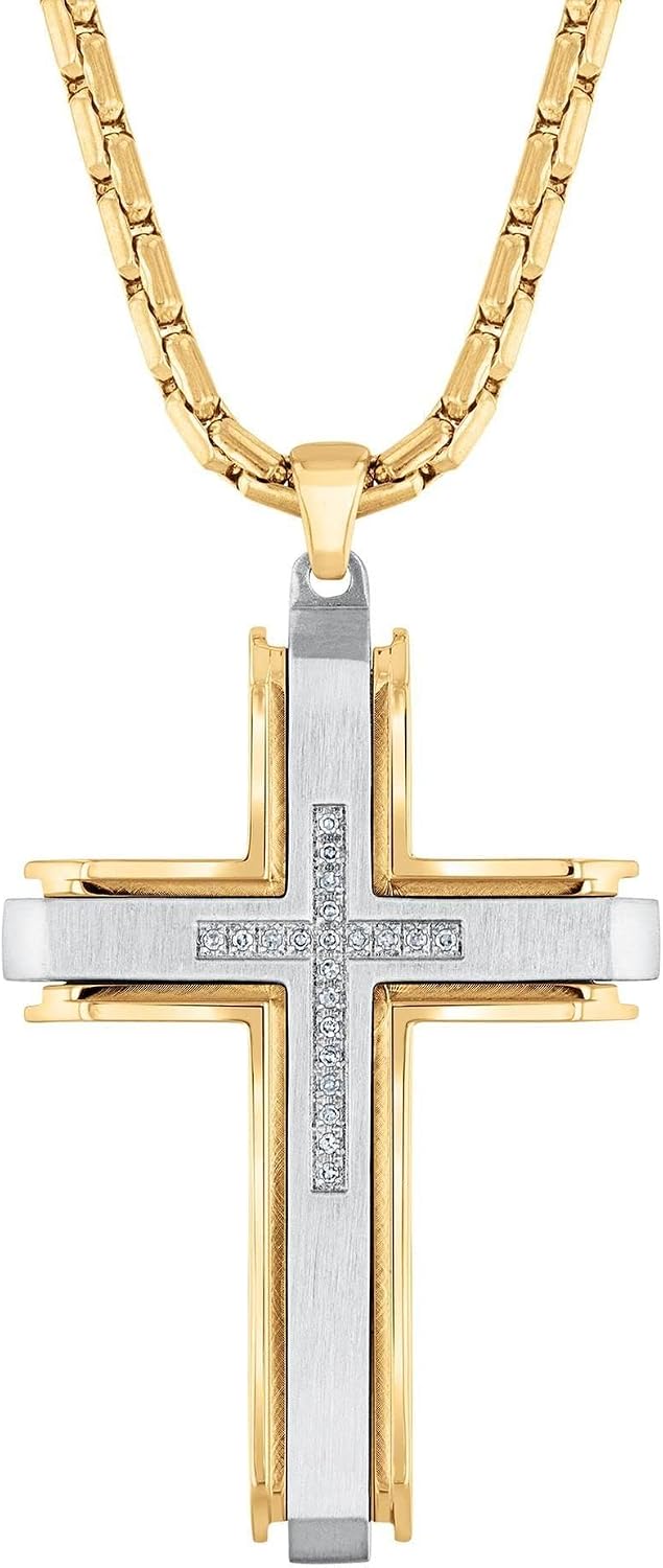 Reeds Mens Two-Tone Diamond Cross Pendant Necklace 110ctw