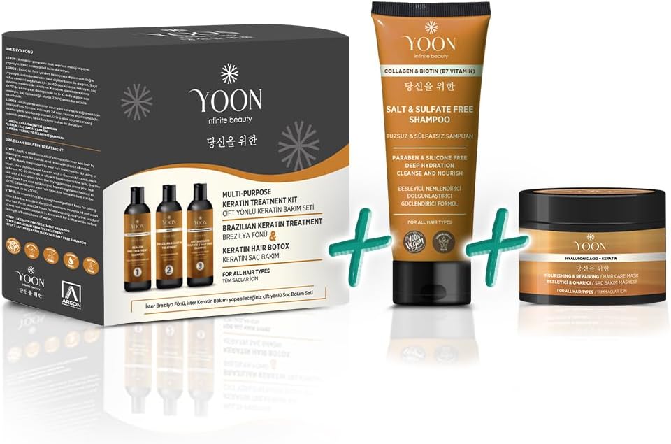 YOON 3-Piece Premium Long Lasting Hair Straightener & Hair Botox Kit, Sulfate-Free Salt-Free Shampoo 250ml, Hair Mask Containing Keratin and Hyaluronic Acid 250ml, Hair Care Set