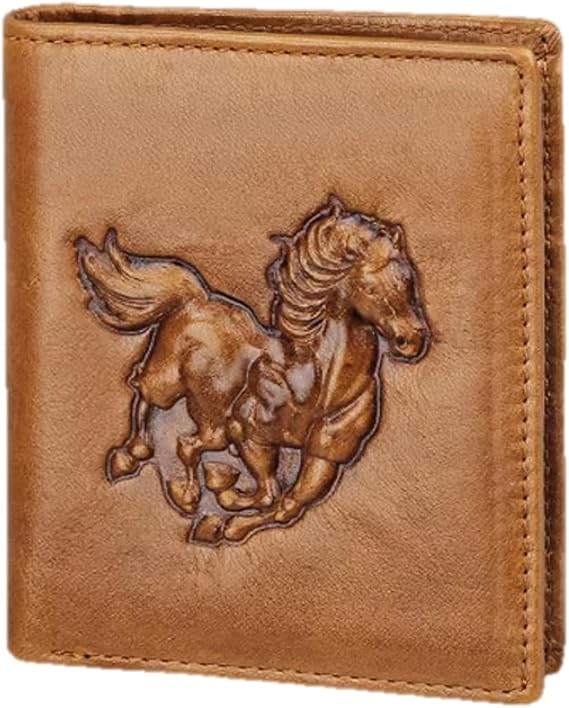 Genuine Real Leather Short Bifold Wallet for Men, RFID Blocking 3D Animal Print Retro Vintage Embossed Clutch Purse., Vertical Horse- Caramel F3, 4.5" L x 3.75" W x 0.6" D, Vertical