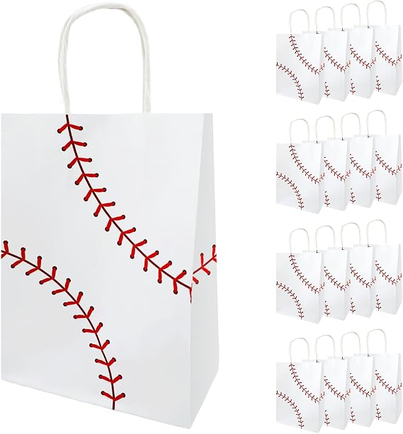 Pinsit 16 PCS Baseball Party Favor Gift Bags with Handle, Baseball Gift Bags, Paper Snack Baseball Goodie Bags for Kids Birthday Party Supplies(02)