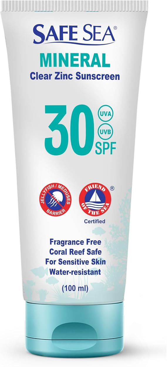 Safe Sea Zinc Oxide Sunscreen SPF30 | Clear Mineral Face And Body Sunscreen Without White Cast | Anti-Jellyfish Sting Protective Lotion | Travel Size - 100ml