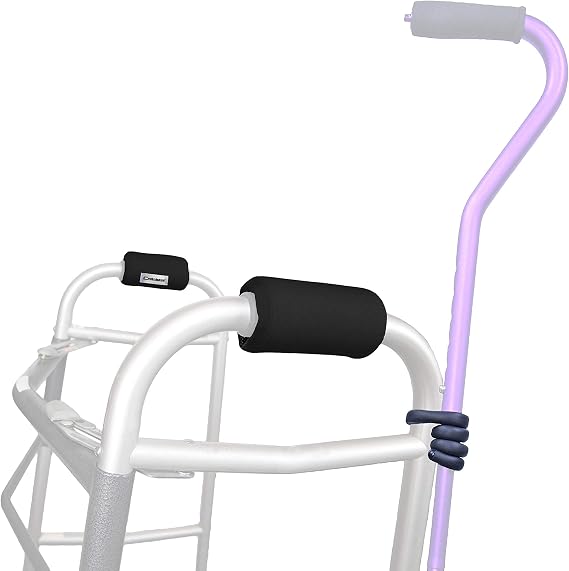 Crutcheze Black Walker Pad and Cane Holder Set - Comfort & Convenience Walker Accessories - USA Made Padded Hand Grip Covers & Holder to Attach Your Cane to a Walker