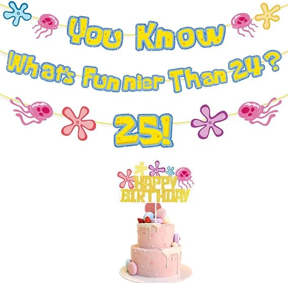 Yellow Glitter 25th Birthday Banner & Cake Topper Set Funny Whats Funnier Than 24? Quote Decorations for Party, Fireplace, Cake, Perfect for Friends or Family