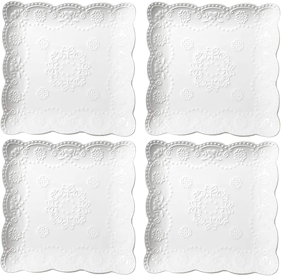 Ceramic Plate, Square Embossed Lace Plate, 4pcs (10-inch)