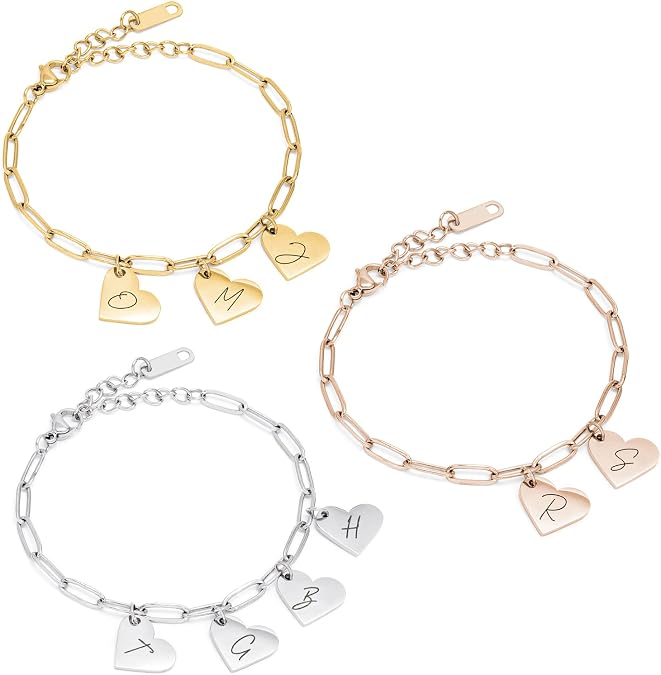 MignonandMignon Personalized Initial Engraved Letter Charm Bracelet Paper Clip Chain Jewelry Custom Heart Pendant Best Friend Birthday Day -P-BR-MH