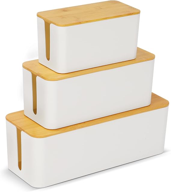 Pack of 3 Cable Box Cable Management Box for Hiding and Hiding Power Strips and Cables Cable Organiser Storage Box with Bamboo Lid and Rubber Feet (Black)