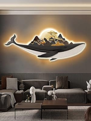 kjhzqb 3D Wall Art Decoration - Led Wall Sculptures, Whales Decorative Wall Mounted Lamp, Living Room Corridor Decorative Landscape Painting Wall Hanging Art With Led LightA,35.4in