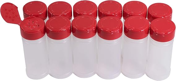 Pinnacle Mercantile Plastic Spice Jars Containers 4 Oz Round Set Of 12 Empty Seasoning Containers With Red Flip Top Sifter Lids And Clear Seasoning Jars For Kitchen Storage