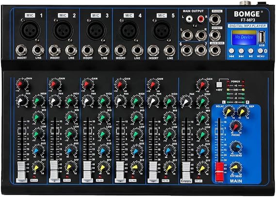 BOMGE K7 Bluetooth Portable Audio Mixer w/USB Sound Mixing Console MP3 Stereo 48V Power for PC Recording, 4/7-Channel Bands Mixing Boards For DJ Studio Recording (7-channel)