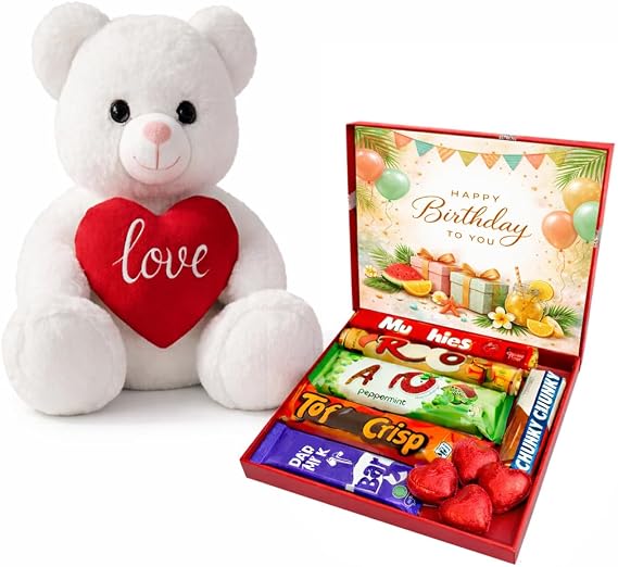 Birthday Chocolate Gift with Love you Teddy Gift Chocolate Hearts- Last minute Birthday gift Hamper for Her Girl Friend Wife