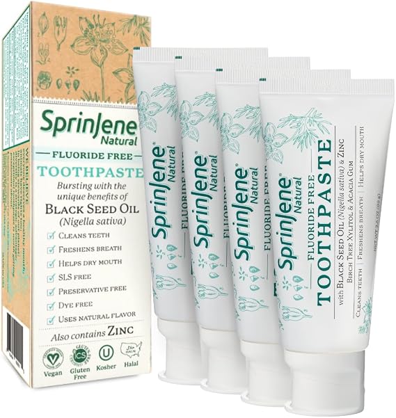 SprinJene Natural Toothpaste Fluoride Free Clove & Mint Toothpaste for Healthy Gums & Fresh Breath Gum Care with Patented Black Seed Oil & Zinc Made in the USA (4 Pack)