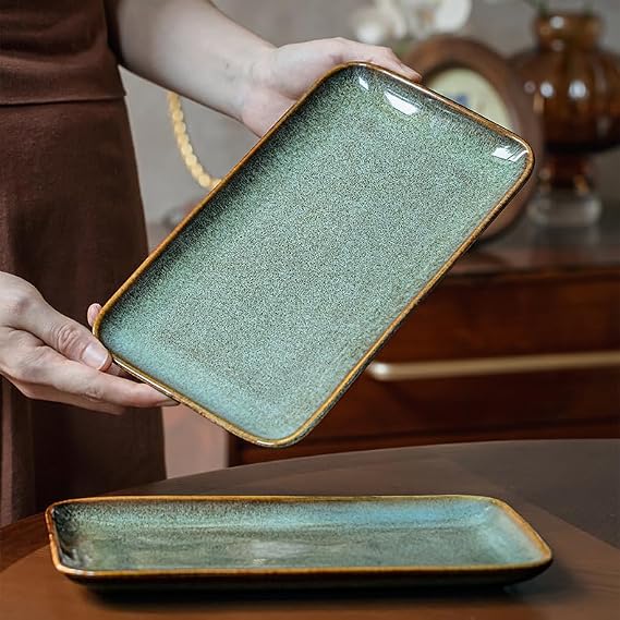 2Pcs Unique Glazed Green Ceramic Tray,10 Inch Rectangular Serving Platter