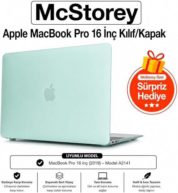 McStorey MacBook Pro 16 Touch Bar Uyumlu Sert Kapak Hardcase Mat Yüzey İnce Hafif Darbe Çizilme Koruma A2141 Açık Yeşil