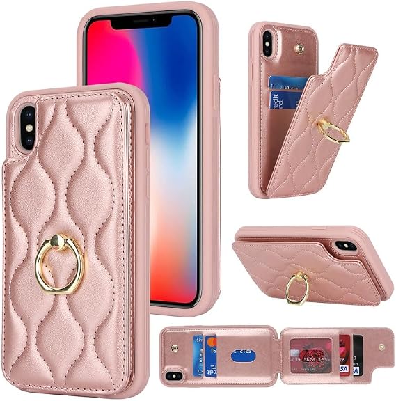 Lipvina for iPhone X/XS Case with Card Holder,Credit Card Holder,Stand Ring Kickstand and RFID Blocking,PU Leather Shockproof Phone Wallet Cover for Women and Girls(5.8'',Rose Gold)