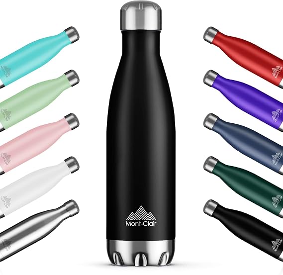 Mont-Clair H2O Stainless Steel Water Bottle, Vacuum Insulated - BPA Free, 12h Hot & 24h Cold Drinks, Metal Water Bottle 1L Leakproof, Ideal for Adult, Kids, Running - Black