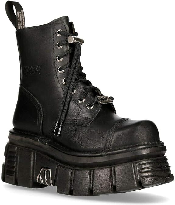 New Rock M-NEWMILI083-S21 Men's Metallic Combat Boots Black Leather Military Biker Goth Punk Shoes