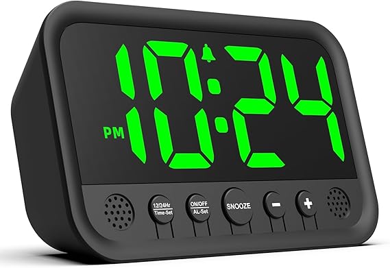 Azyh Digital Alarm Clock with Green LED Display for Bedroom, Loud Alarm Clock for Heavy Sleepers, USB-A to Type-C-Plug-In Electric Desk Clock with Adjustable Volume, Brightness, Snooze, 12/24HR,Gifts