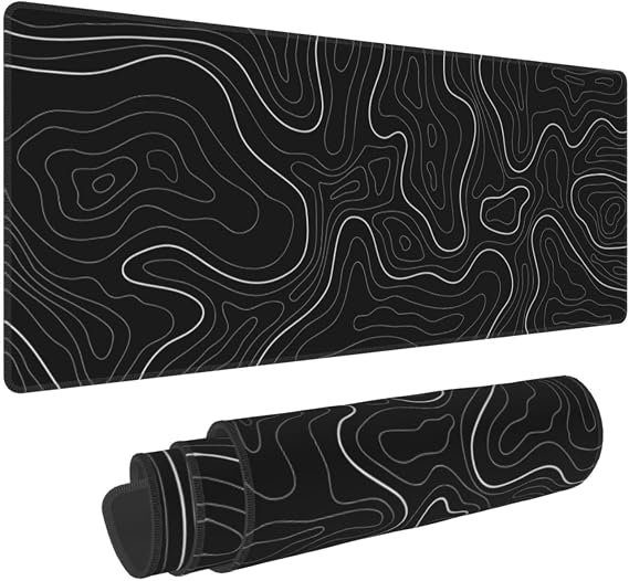 Abstract Topographic Map Black Mouse Pad Big Gaming Mouse Pad XXL Mousepad Large Keyboard Mat with Non-Slip Rubber Base Stitched Edges Mouse Mat Desk Pad for Gaming and Office