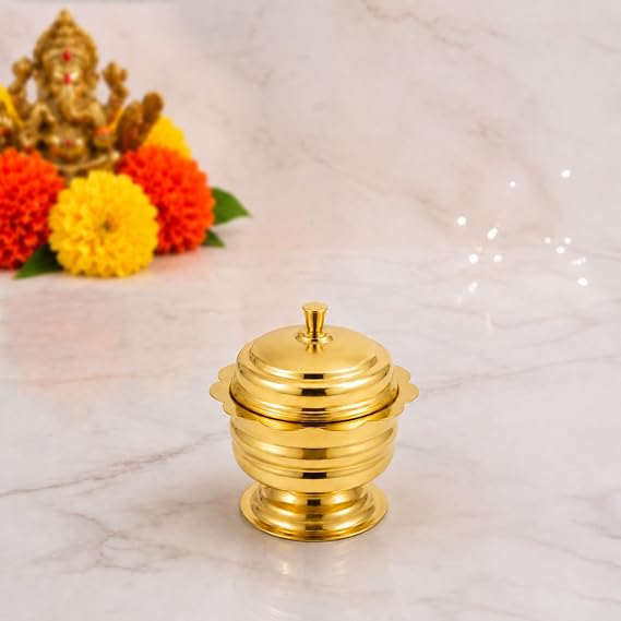 Spillbox Brass Box Pooja | Puja | Roli | Chawal | Chandan | Haldi | Kumkum Puja Box | Sindoor | Turmeric | Dabbi | Dibbi | Dhani | Dani Lid Holder KumKum- (Tiptop Bulged)