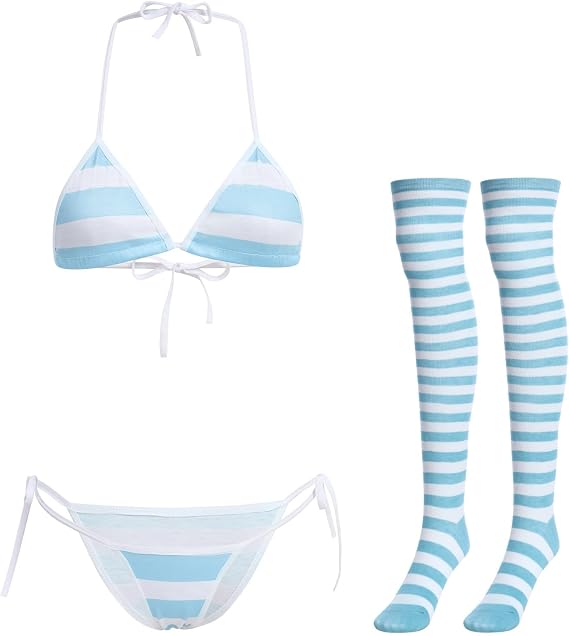 ABAFIP Women Cute Kawaii Anime Lingerie set Halter Strap Micro Bra Tiny Panty Garter Belt Striped Stockings 4Pcs Underwear