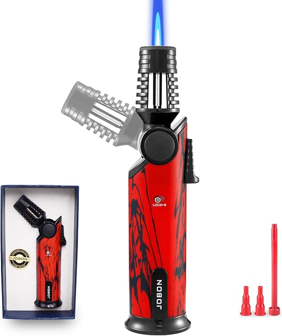 Butane Torch Lighter, 60 Rotatable Refillable Kitchen Cooking Torch Windproof Adjustable Flame Lighter with Fire Lock for Baking Creme Brulee BBQ, Butane is Not Included (Red)