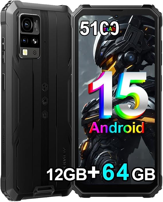 Blackview BV4800 SE Rugged Mobile Phone 2026, 12GB+64GB/2TB Android 15 Unbreakable Mobile IP68, 16MP AI Camera, 6.56" HD+, 5100mAh, Dual 4G Phone NFC,WiFi,GPS,OTG,FM,Gemini AI 2.0, Black