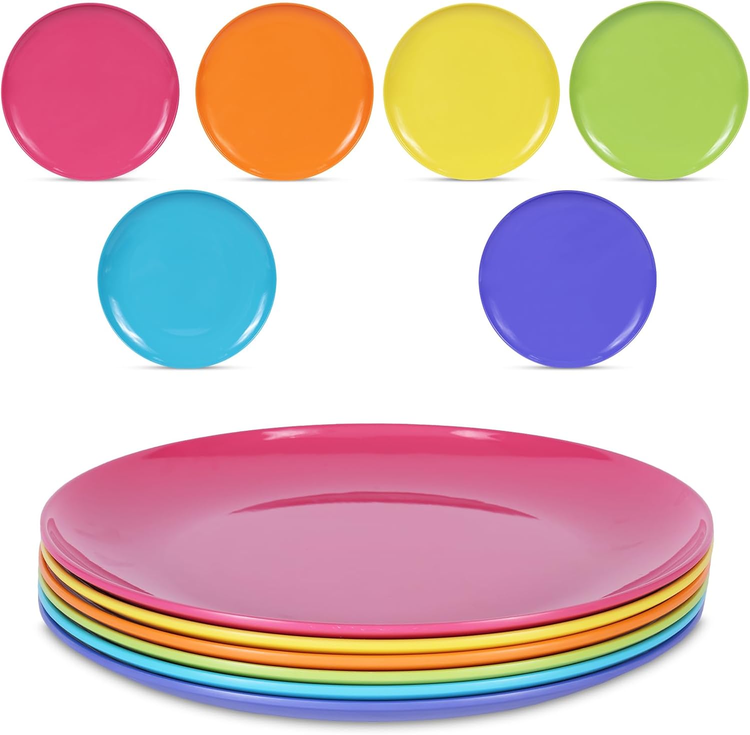 6-Piece Melamine Dinner Plate Set - 11 Inch Unbreakable Dishes Set,Round Salad Plate for Indoor/Outdoor, Picnics, Camping & Everyday Use，Stackable and Dishwasher-Safe - Rainbow Plate