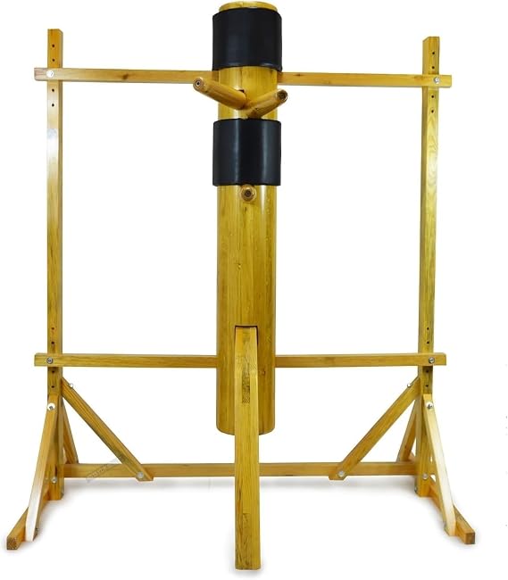 Freestanding Wing Chun Wooden Dummy With Tripod Base, Adjustable Height Mook Yan Jong For Martial Arts Training, Solid Wood Construction, Yellow