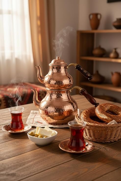 Home Gaziantep El Kabartmalı Bakır Çaydanlık Takımı, 2,6 Lt Toplam Hacim, Alt 14,5cm Üst 10,5cm, Ahşap Kulplu, Ağır Bakır