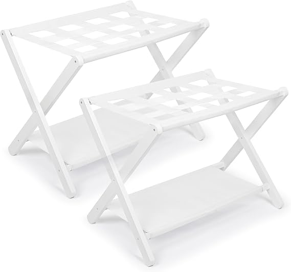 Aiowhy Luggage Rack,Bamboo Suitcase Stand with Storage Shelf,Set of 2,Folding Luggage Stand for Guest Room,Hotel,Bedroom,Heavy-Duty, Holds up to 131 lb, White,VLR03W02