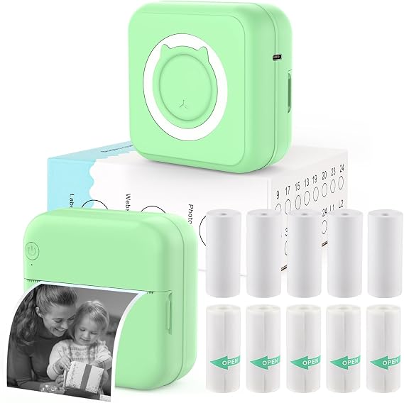 Mini Sticker Printer - Mini Pocket Printer for iPhone Thermal Printer, 10 Rolls Thermal Paper for Journal, Memo, Photo, Green