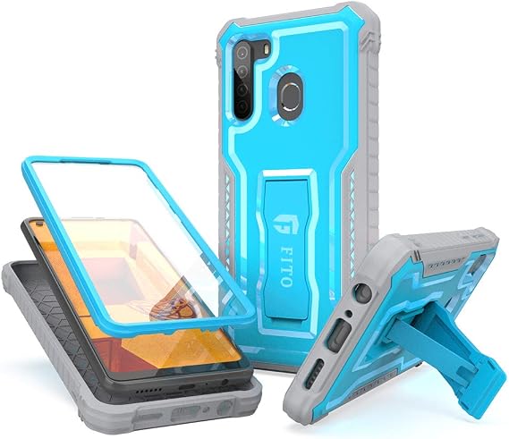 FITO for Samsung Galaxy A21 Case, Dual Layer Shockproof Heavy Duty Case with Screen Protector for Samsung A21 Phone, Built-in Kickstand (Blue)