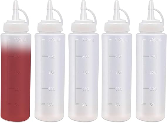 5 PCS Squeeze Bottle,8oz / 250ML Plastic Squeezy Sauce Bottles with Cap, Squeeze Condiment Bottle Dispensing Ketchup Bottle for Sauce for Ketchup, BBQ, Sauces, Syrup, Dressings