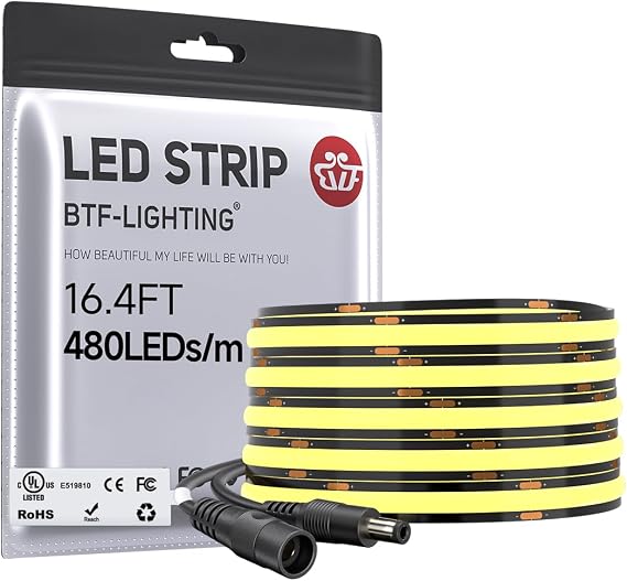 BTF-LIGHTING UL Listed FCOB COB LED Strip Light Natural White 4000K | DC12V 16.4FT Super Bright Light, CRI90+ 8mm Width Black PCB LED Tape Light for Home DIY Lighting(No Adapter or Controller)