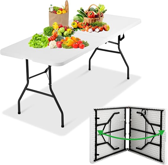 6 Foot Portable Plastic Folding Table 6FT 71" Half Foldable Heavy Duty Top w/Carry Handle - Indoor Outdoor Backyard Camping Picnic BBQ Party Wedding Dining Office Event Meeting White