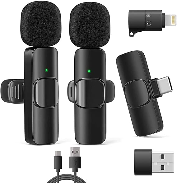 VOVIGGOL 2 Pack Wireless Lavalier Microphone for iPhone iPad/Android Phones/PC Laptop, Plug&Play Lapel Wireless Mic for Video Recording YouTube, Live Stream, TikTok, Vloggers, Interview