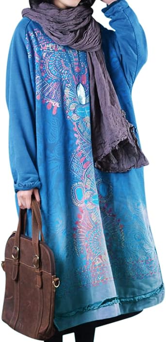YESNO JGP Women Long Loose Fit Sweatshirt Dress Ombre Ethnic Printed 4/5 Sleeve Side Slit with Pockets Tunic Pullover JCJ One Size JGP Blue