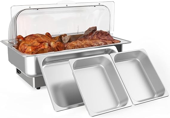 Rectangular Electric Chafing Dish Buffet Set Roll Top with Temperature Control, 9QT Stainless Steel Food Servers and Warmers with 1 Full-size Pan & 2 Half-size Pan for Catering Wedding and Parties