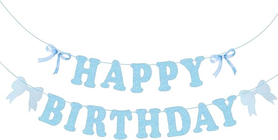 Bow Happy Birthday Banner Blue Birthday Party Decoration Bow Birthday Garland for Women Girls and Baby Shower
