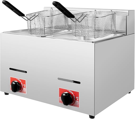 Commercial Gas Deep Fryer, 12L Dual Tank Countertop Stainless Steel Deep Fryer Machine Kitchen Frying Machine w/2 Removable Baskets & Lid, Double Fryer for Home, Returant (Style 2)