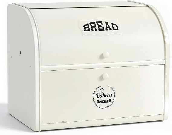 Extra-large Bread Bins, 2-Layer Cream Bread Bin with Roll Top Lid | Kitchen Storage Box, Storage Container for Loaves, Pastries, Cookies, 40cm x 24cmx 32cm