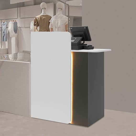 Reception Desk with LED Light Strip, 31.5 Inch Compact Front Desk with Lockable Drawers, Warm White & Grey Checkout Counter for Salon, Office, Boutique, 440.92 lbs Load Capacity