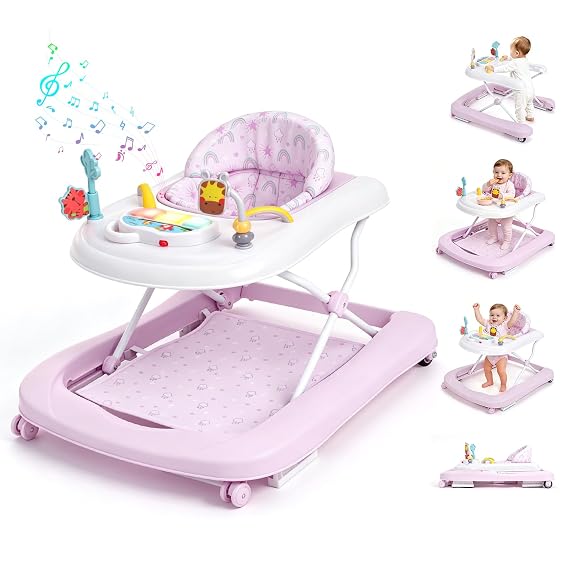 Baby Walker with Wheels, 5-in-1 Foldable Push Walker for Baby Girls 6-12 Months, Baby Walker & Bouncer Combo, Adjustable Height, Music Light Infant Activity Center Bouncer Walker(Pink)
