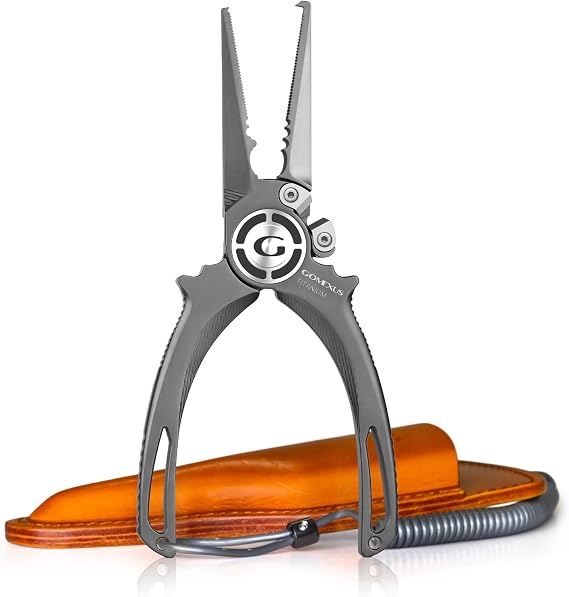 GOMEXUS Fishing Pliers Saltwater with Side Cutters, Never Rust Inshore & Nearshore Titanium Fishing Gear with Lanyard & Leather Sheath, Hook Remover, (7.5'' Split Ring Nose)