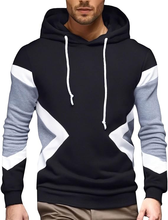 Sweatshirts for Men Color Block Hoodies Fleece Long Sleeve Hooded Pullover Casual Patchwork Tops with Pocket