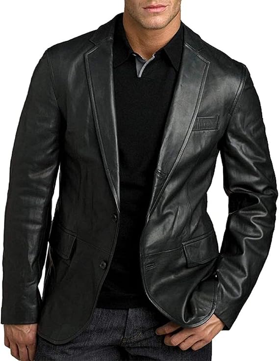 Men's Classic Leather Slim Fit Casual Blazer Jacket (Black)